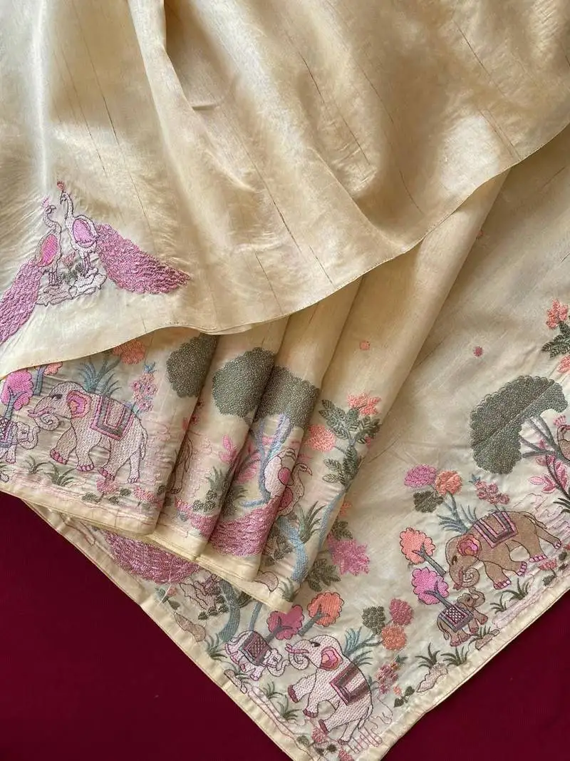 Yellow pure loom tussar with all over forest style hand embroidery