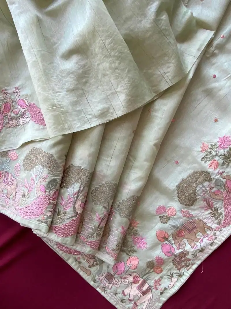 Pista pure loom tussar with all over forest style hand embroidery