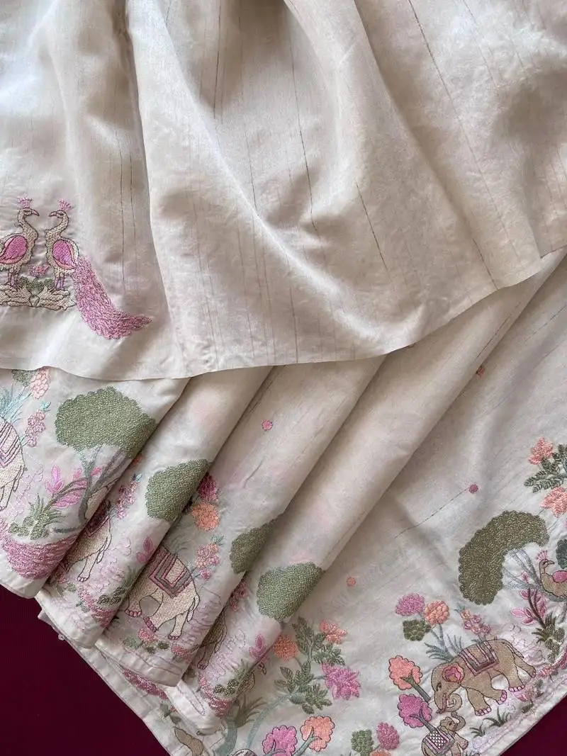 Beigepure loom tussar with all over forest style hand embroidery