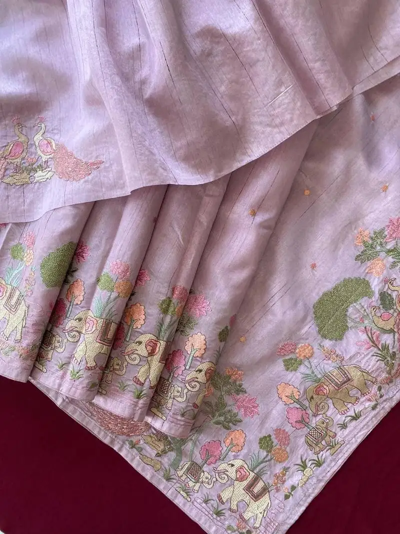Lavender pure loom tussar with all over forest style hand embroidery