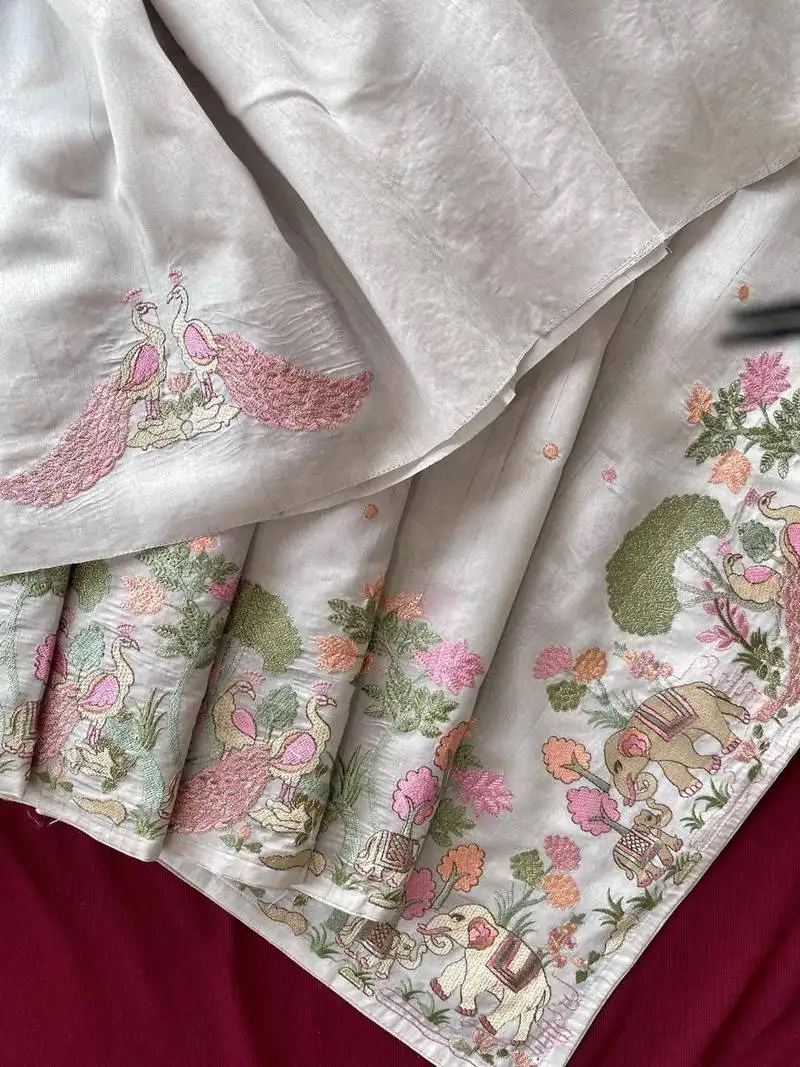 Grey pure loom tussar with all over forest style hand embroidery