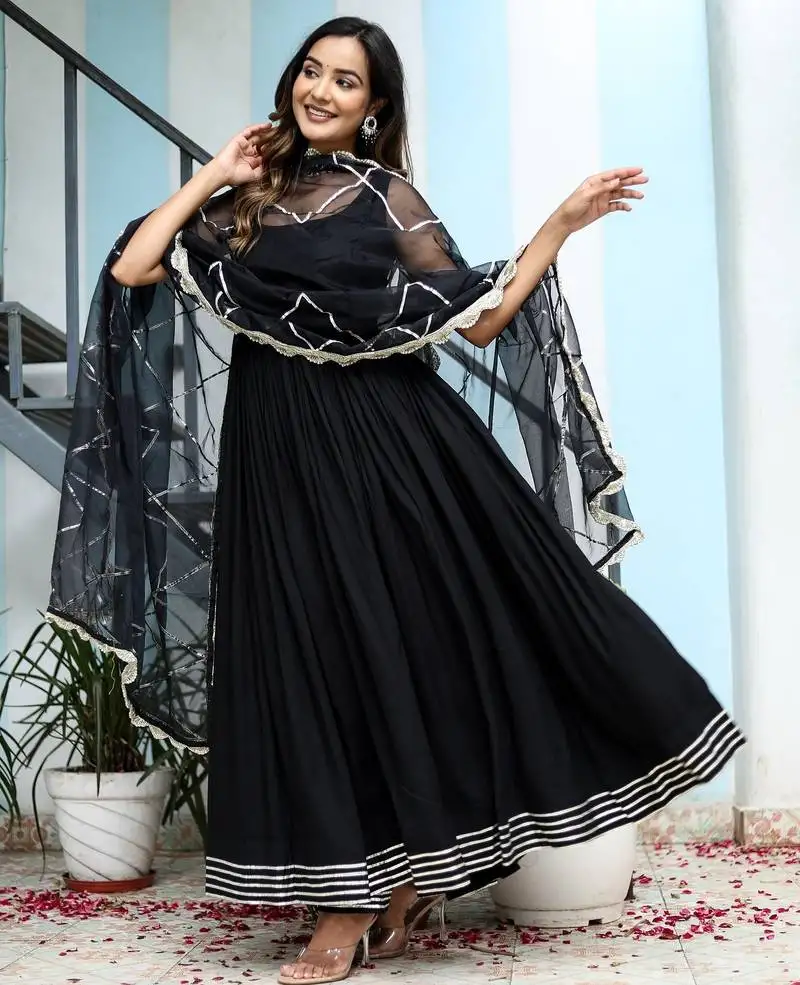 Black rayon solid & gota patti work anarkali kurta bottom dupatta set