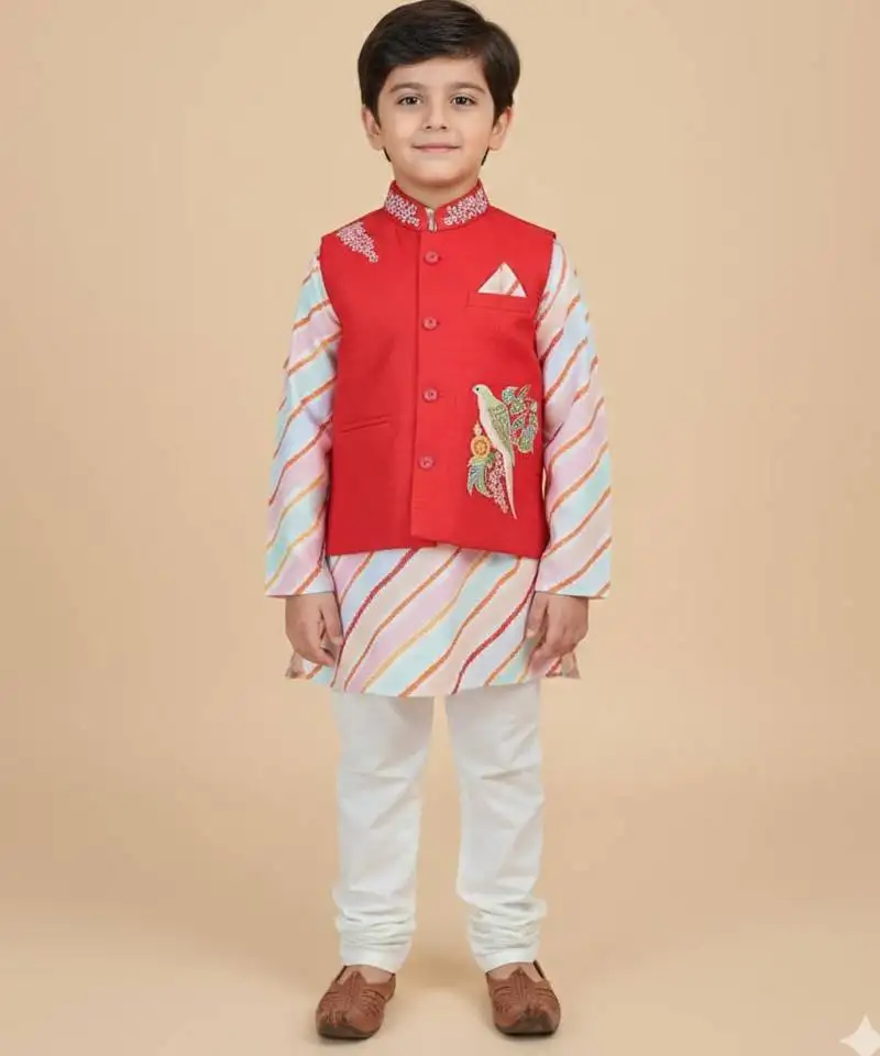 Silk, muslin & cotton satin kurta, pyjama, jacket