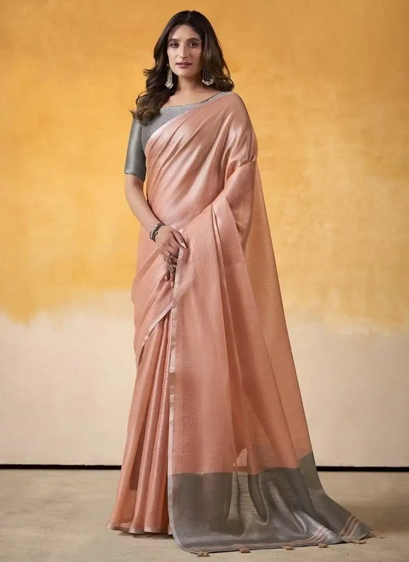 Peach tissue silk with beautiful tussle on pallu casual & office wear saree