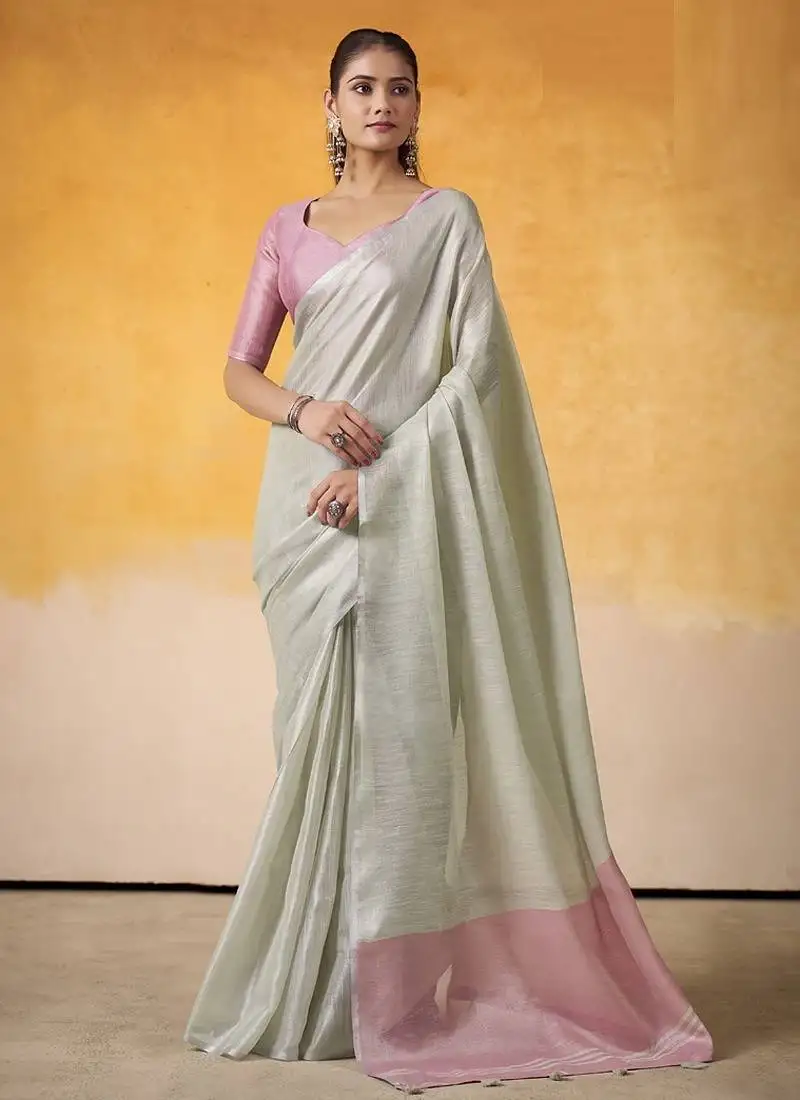Off-white tissue silk with beautiful tussle on pallu casual & office wear saree
