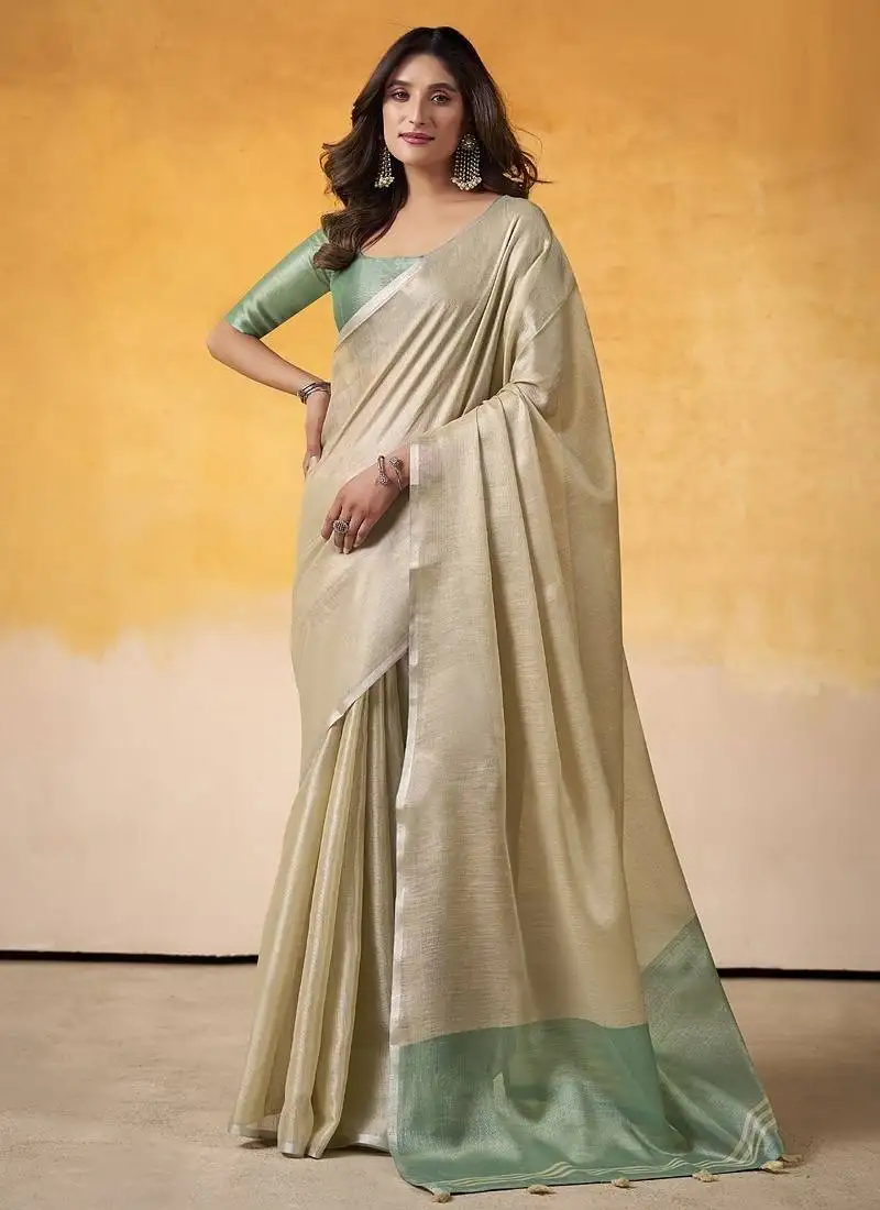 Beige tissue silk with beautiful tussle on pallu casual & office wear saree