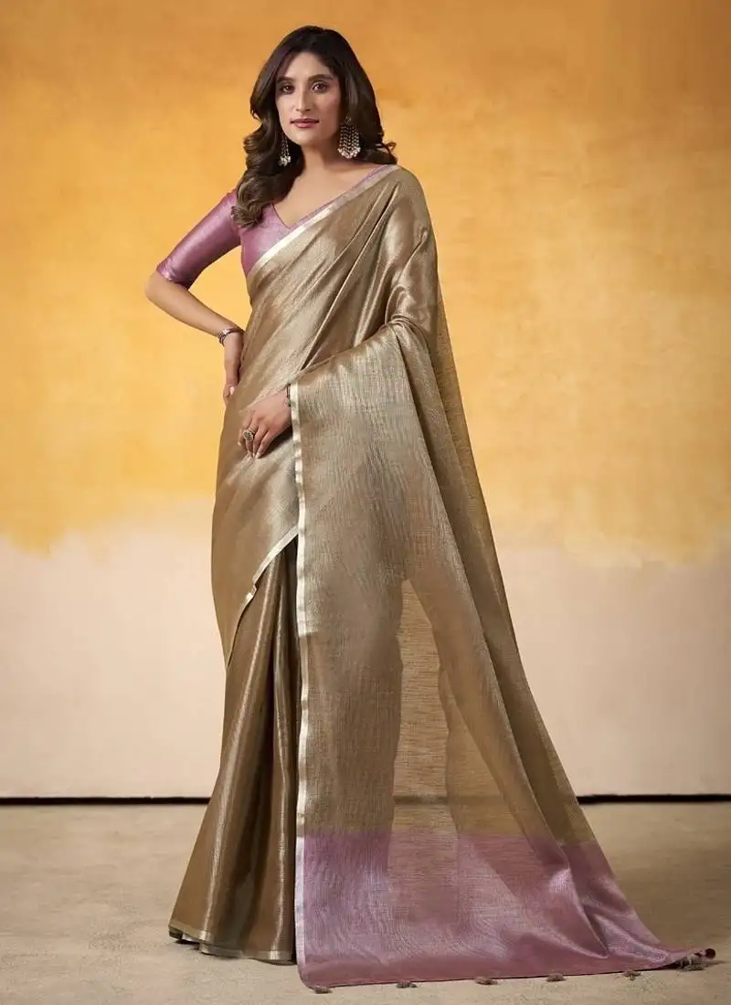 Chiku tissue silk with beautiful tussle on pallu casual & office wear saree