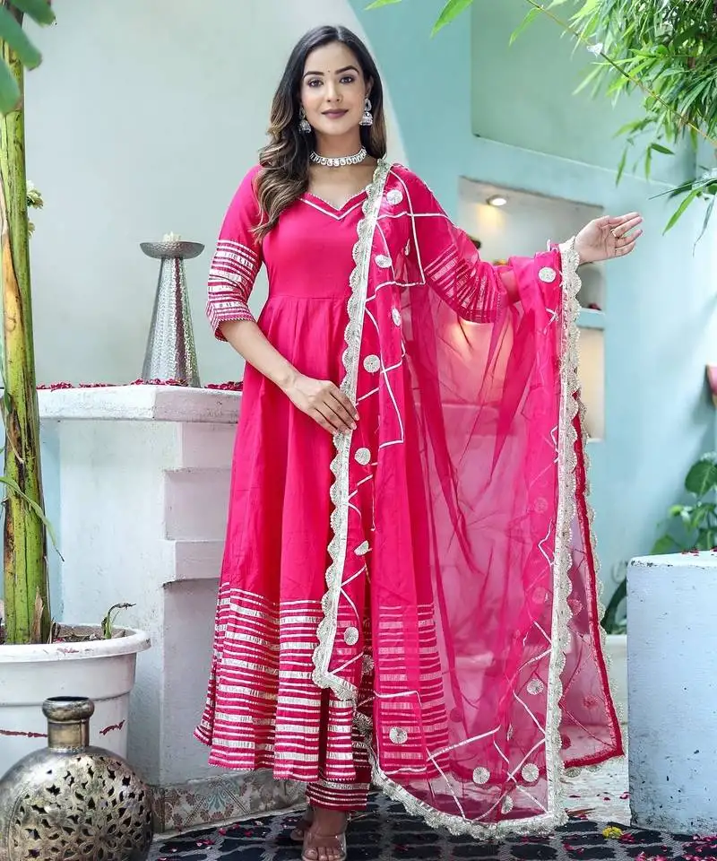 Pink cotton solid & gota patti work anarkali kurta bottom dupatta set