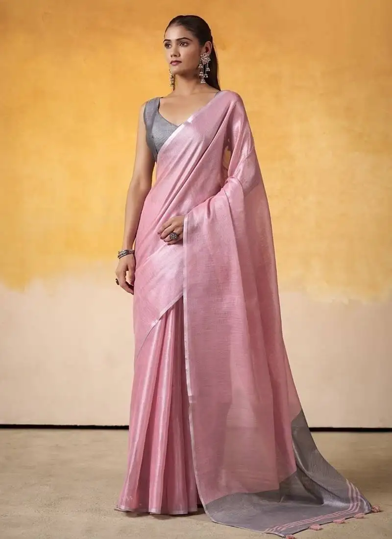 Onion pink tissue silk with beautiful tussle on pallu casual & office wear saree