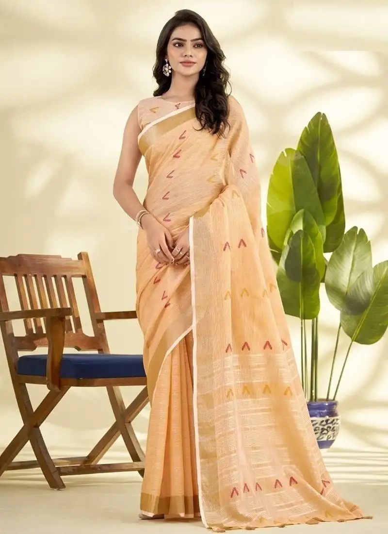 Orange linen beautiful tussle on pallu casual wear saree