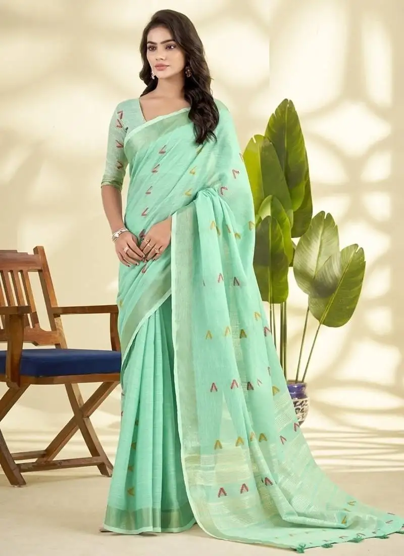 Turquoise linen beautiful tussle on pallu casual wear saree