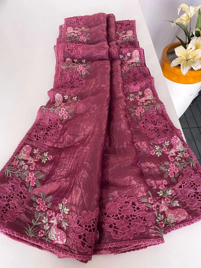 Dark wine crush silk saree with all over embroidery design and cut work design