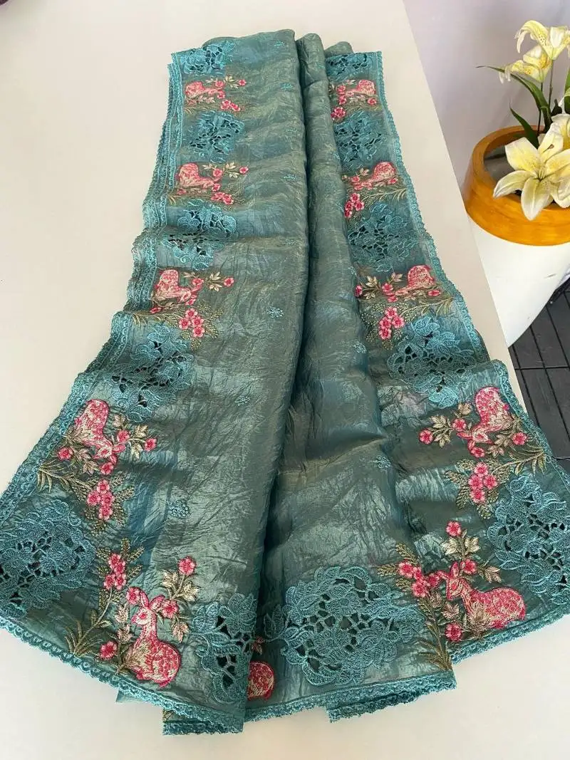 Sky blue crush silk saree with all over embroidery design and cut work design
