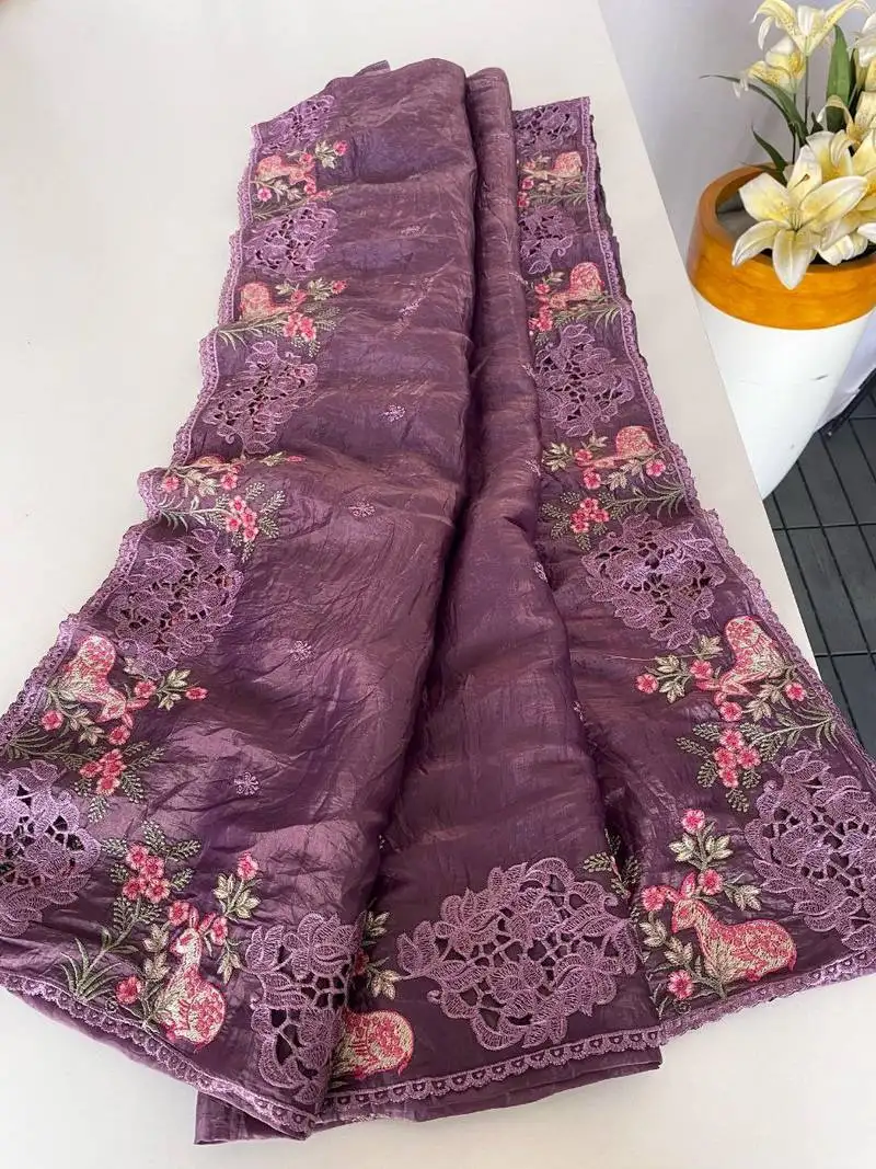 Onion pink crush silk saree with all over embroidery design and cut work design