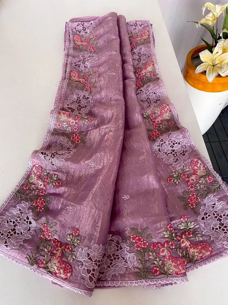 Pink crush silk saree with all over embroidery design and cut work design