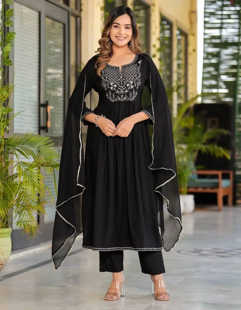 Black rayon solid & embroidered work kurta bottom dupatta set