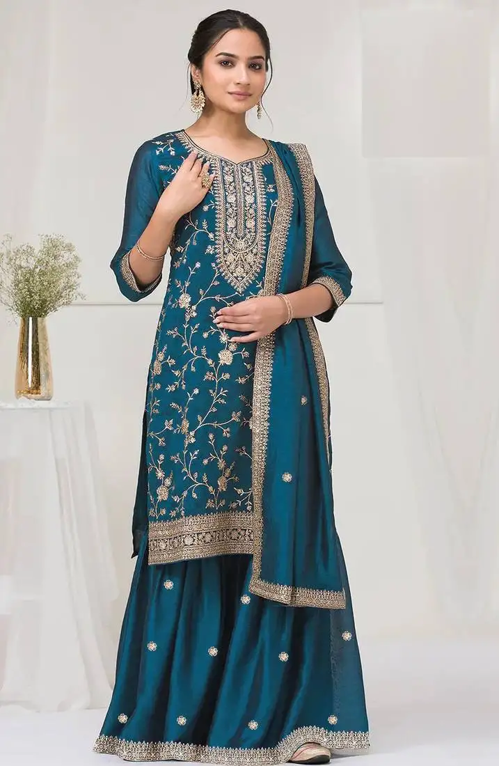Teal blue embroidered vichitra semi-stitched pakistani salwar suit semi stitched