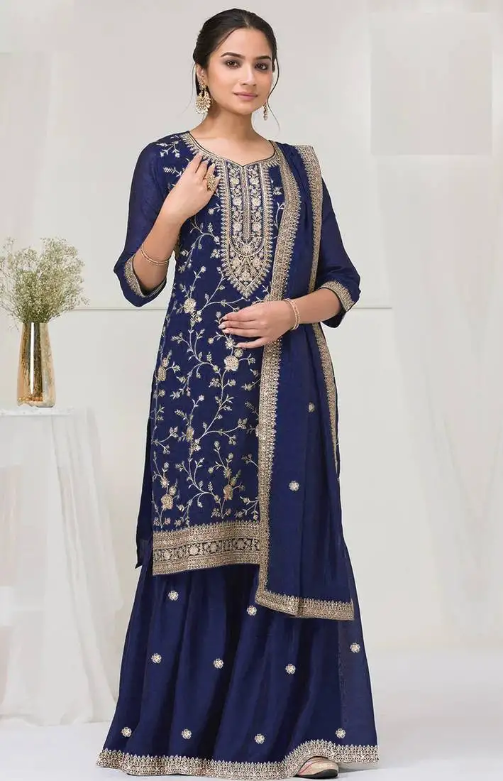 Navy blue embroidered vichitra semi-stitched pakistani salwar suit semi stitched