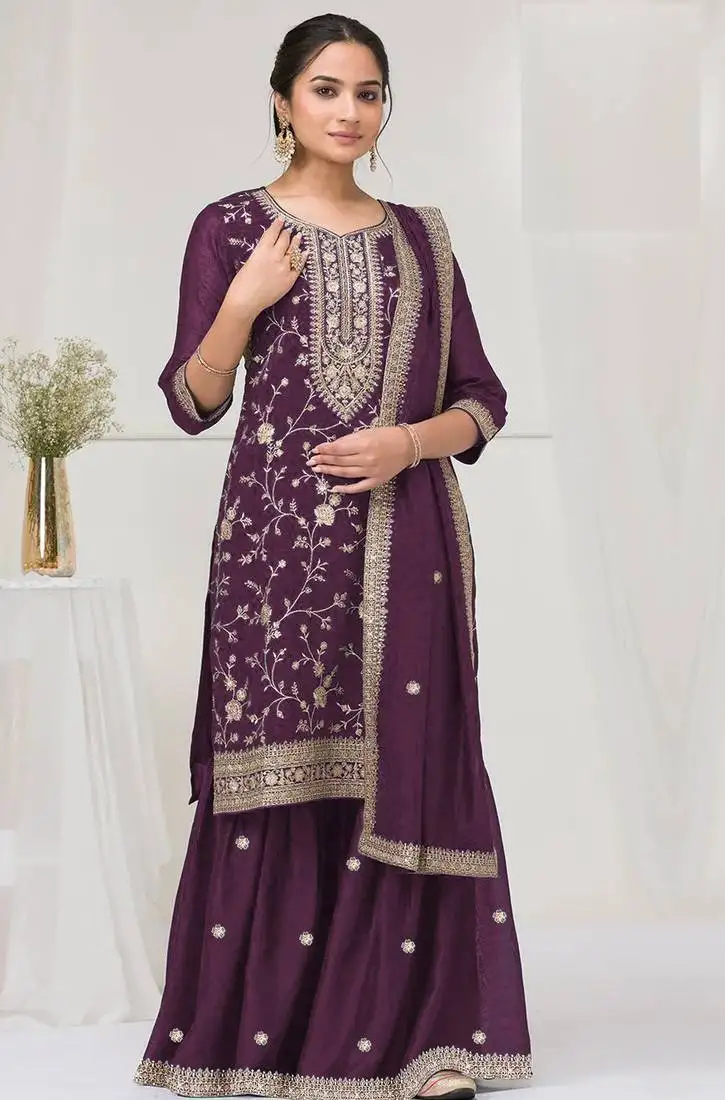 Purple embroidered vichitra semi-stitched pakistani salwar suit semi stitched
