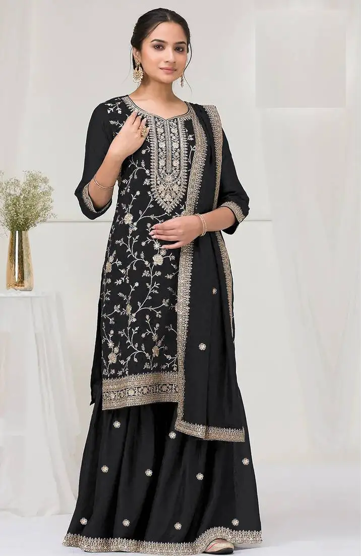 Black embroidered vichitra semi-stitched pakistani salwar suit semi stitched