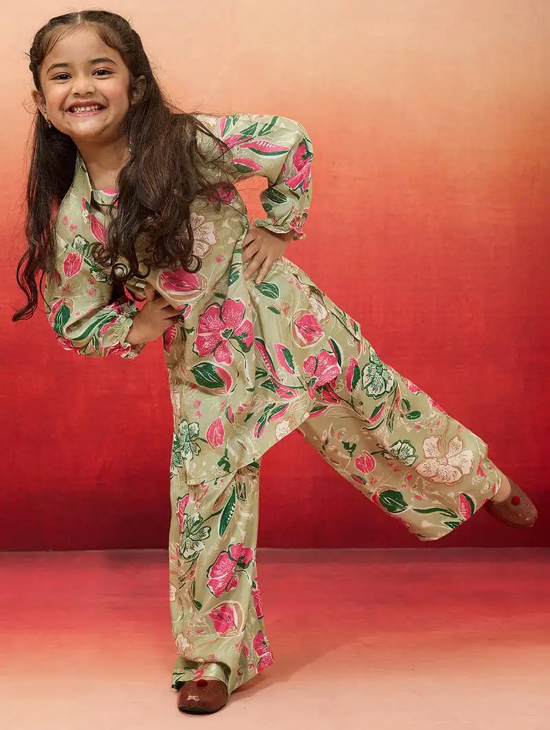 Girls' mint green cotton kurta with palazzo set - navratri special