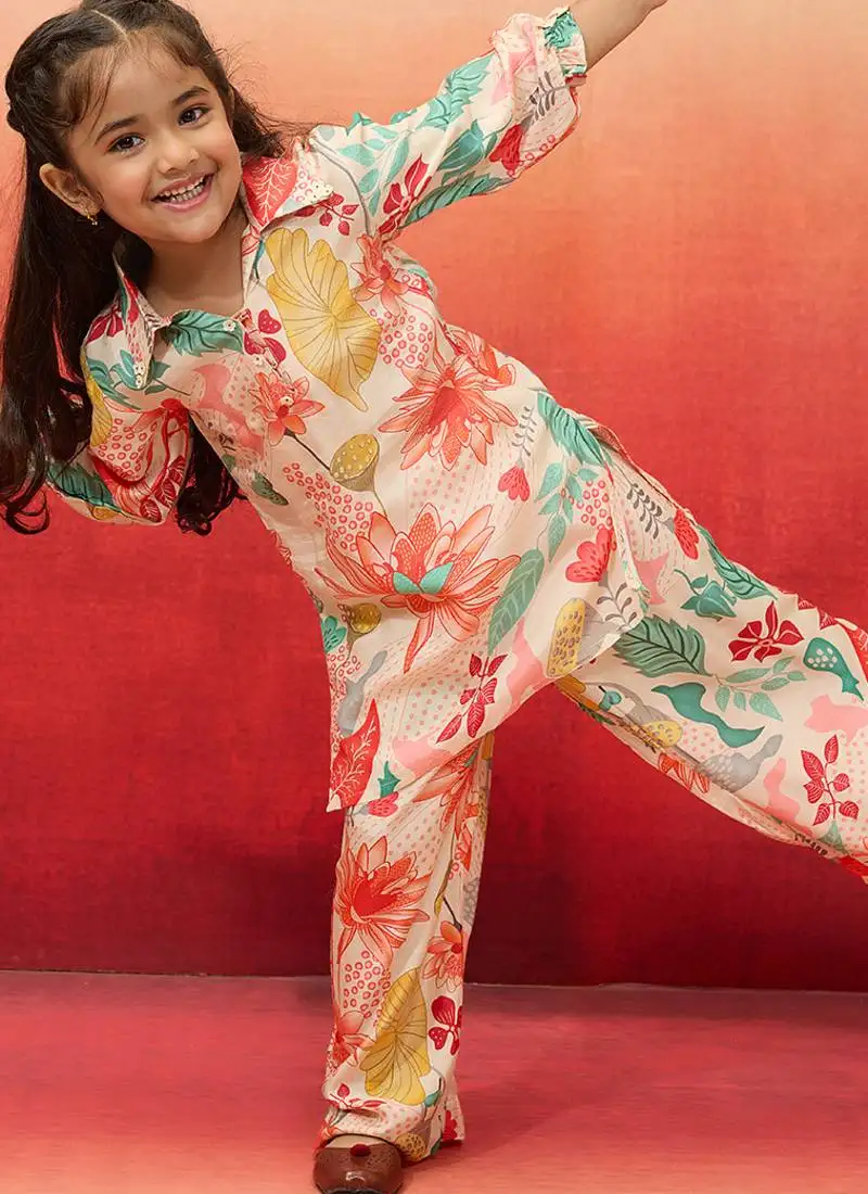 Girls' cream cotton kurta with palazzo set - navratri collection