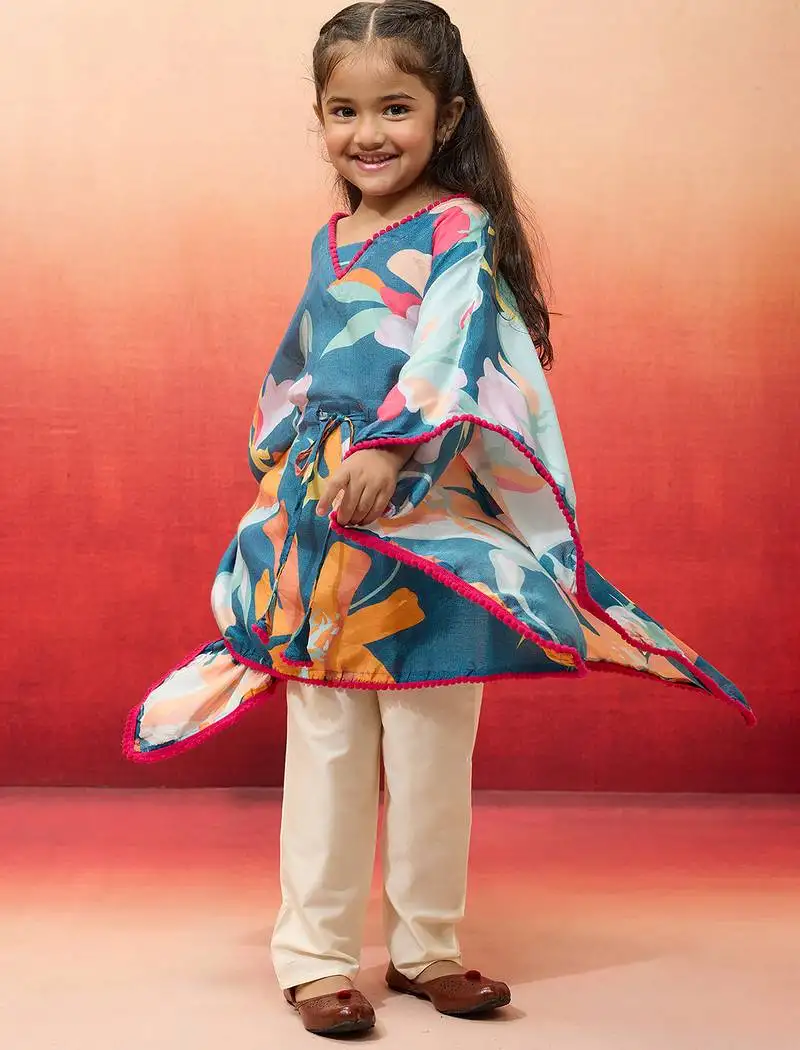 Girls' blue cotton kurta with pyjama set - navratri collection