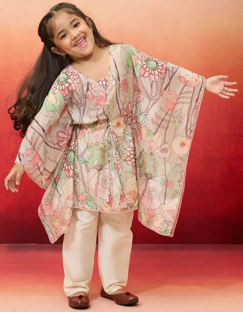 Girls' beige cotton kurta with pyjama set - navratri special