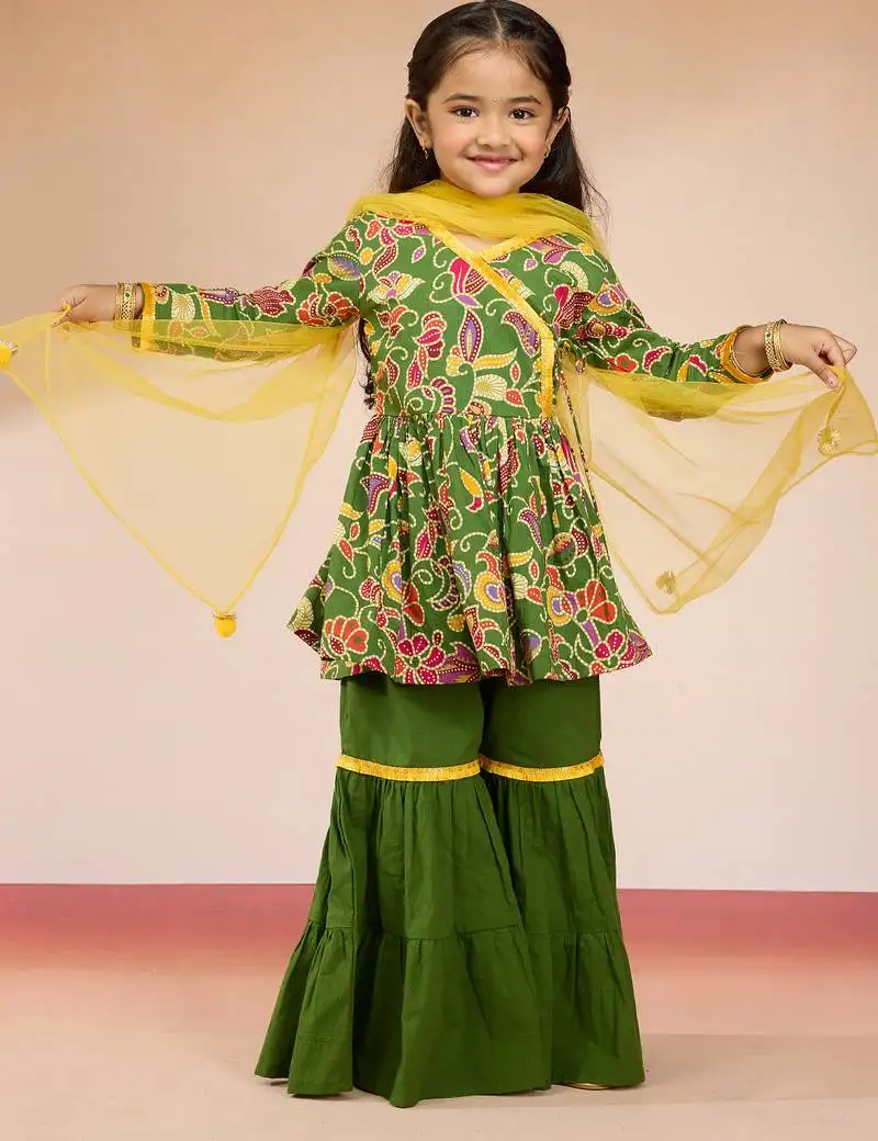 Girls' green cotton kurta with sharara set - navratri special