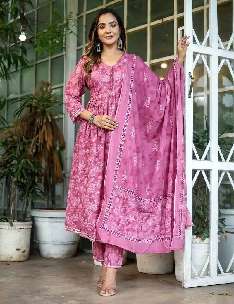 Purple cotton printed & gota patti work anarkali kurta bottom dupatta set