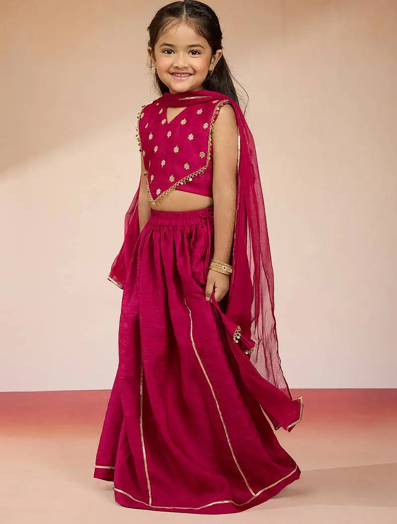 Girls' rani pink satin lehenga set with embroidery - navratri collection