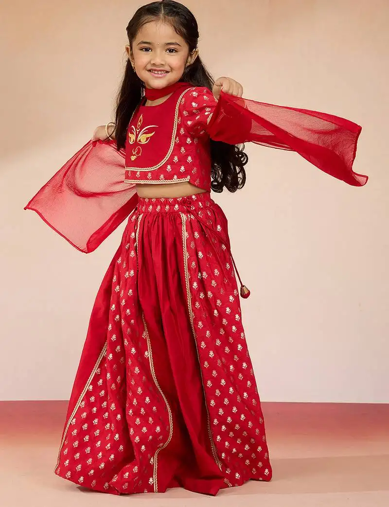 Girls red viscose lehenga set - traditional embroidered festive outfit for navratri & durga puja