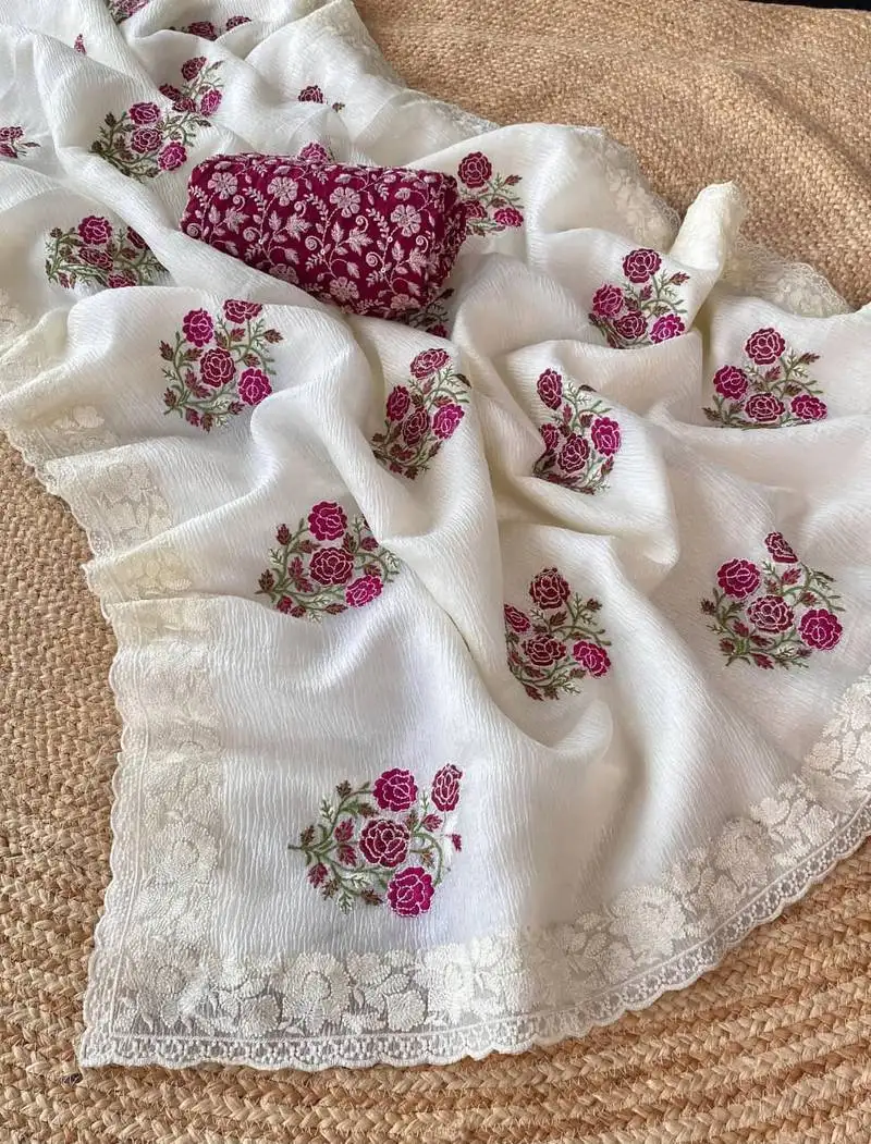 White crush georgette chiffon with embroidered work saree with unstitched blouse