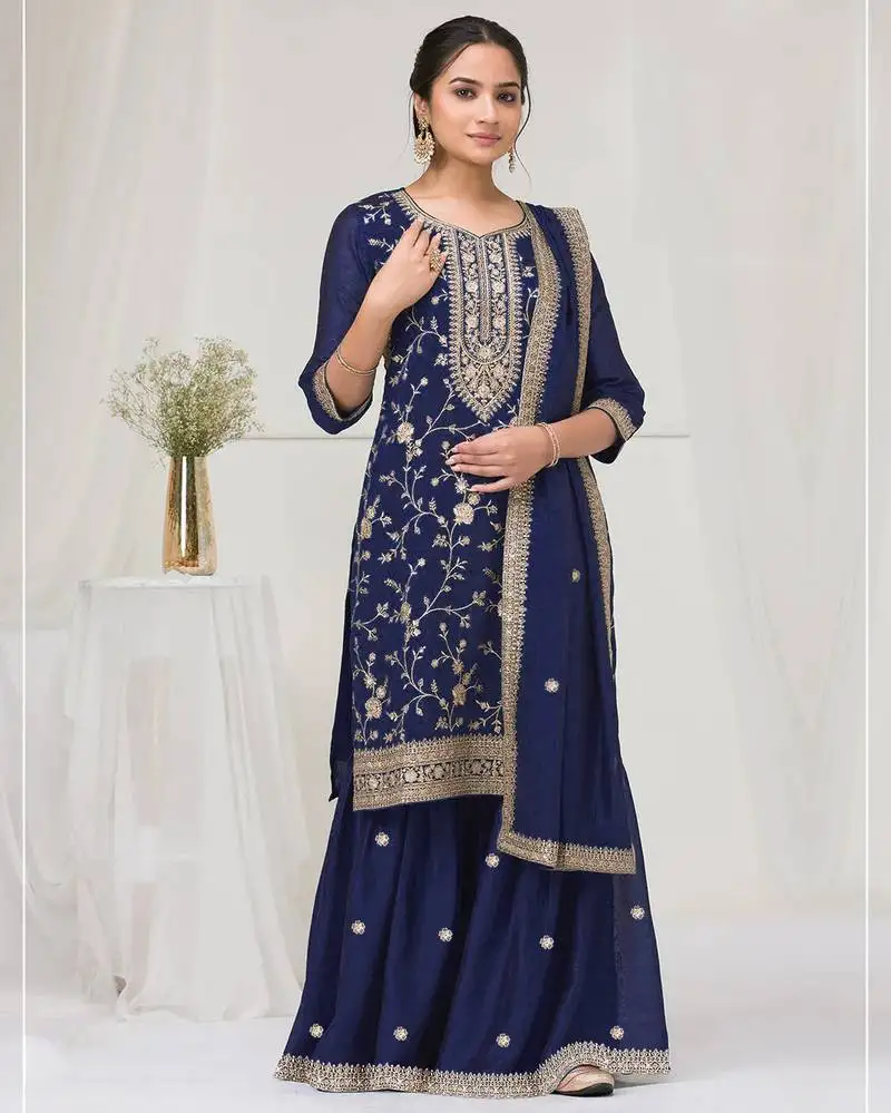 Navy blue blue color embroideried faux chiffon semi stitched salwar suit