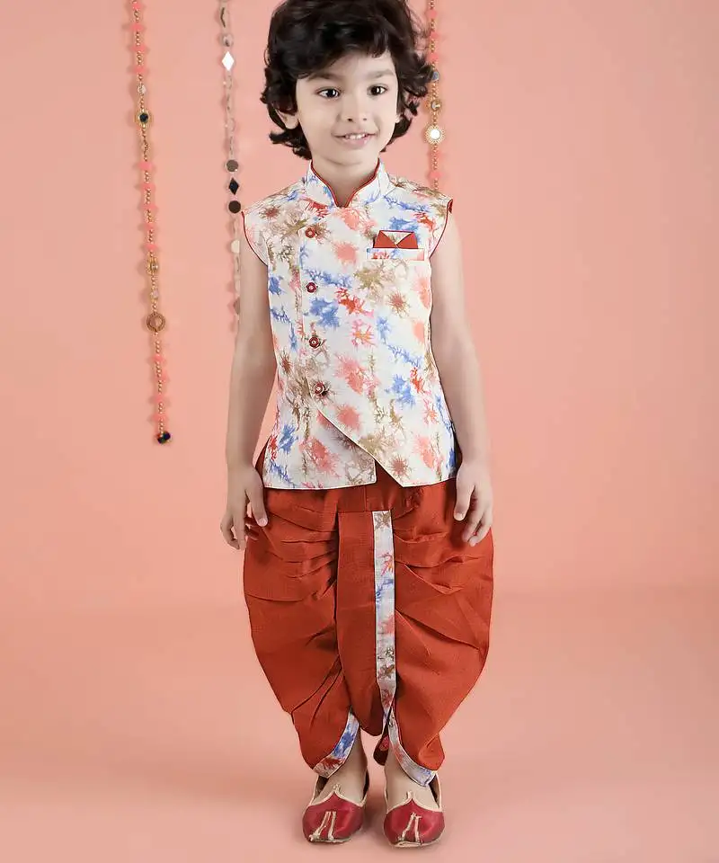 Cotton sleeveless printed kurta and solid dhoti - multicolor