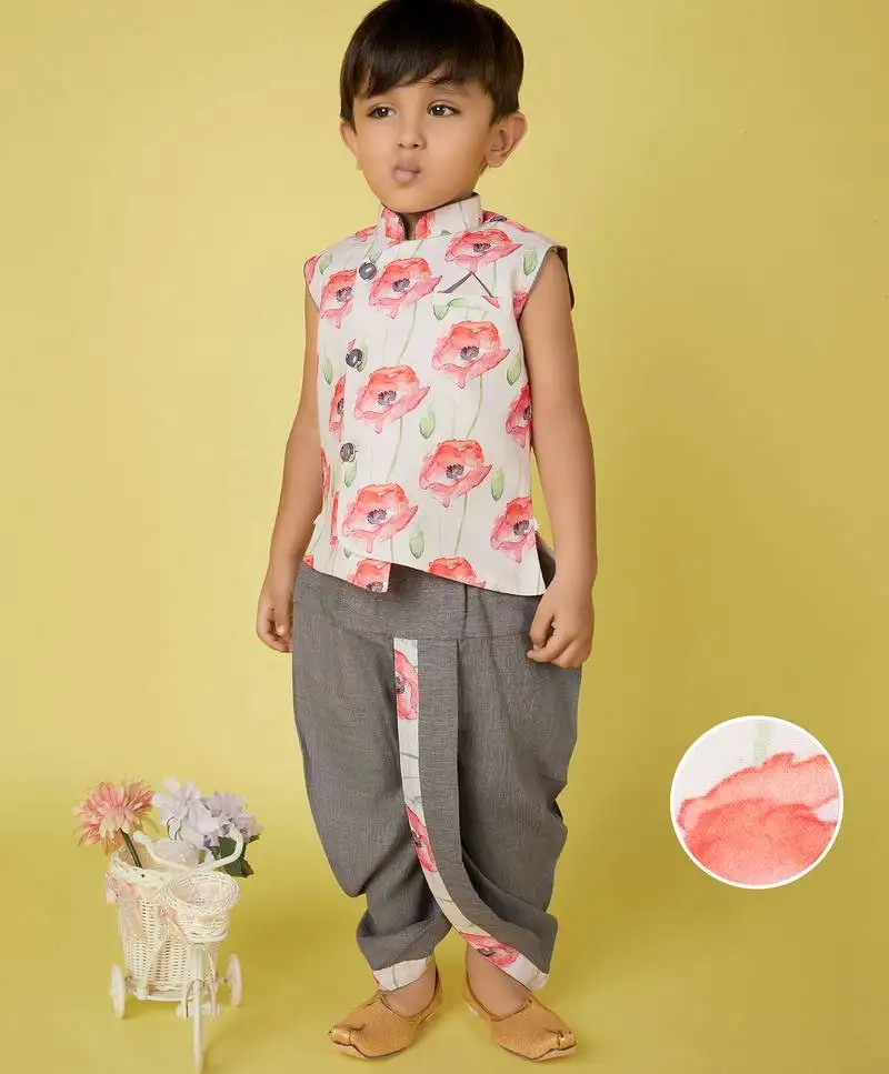 Cotton sleeveless printed kurta and solid dhoti - grey