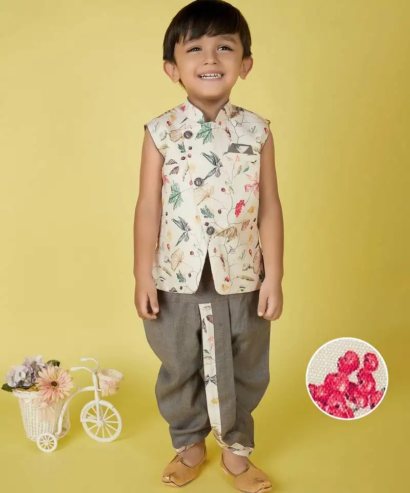 Cotton sleeveless printed kurta and solid dhoti - cream