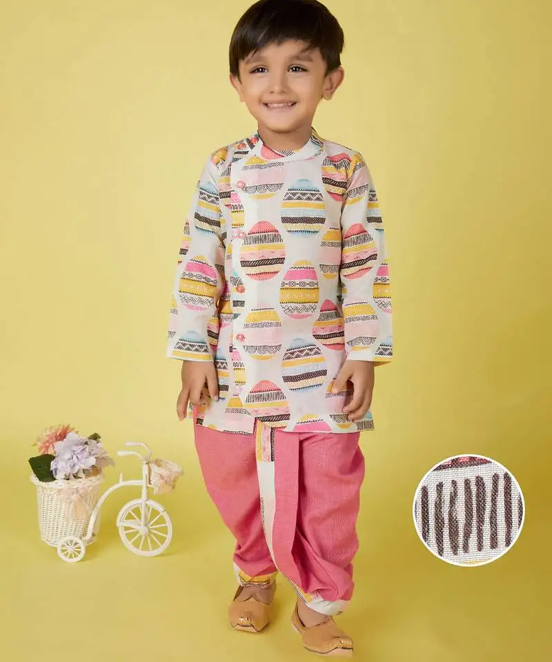 Cotton full sleeves printed kurta and solid dhoti - pink