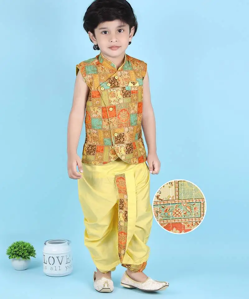Cotton sleeveless printed kurta and solid dhoti - yellow