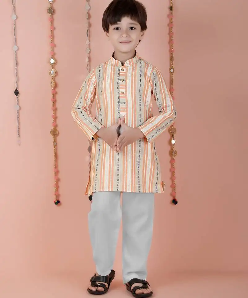 Cotton full sleeves stripe kurta and pyjama- orange