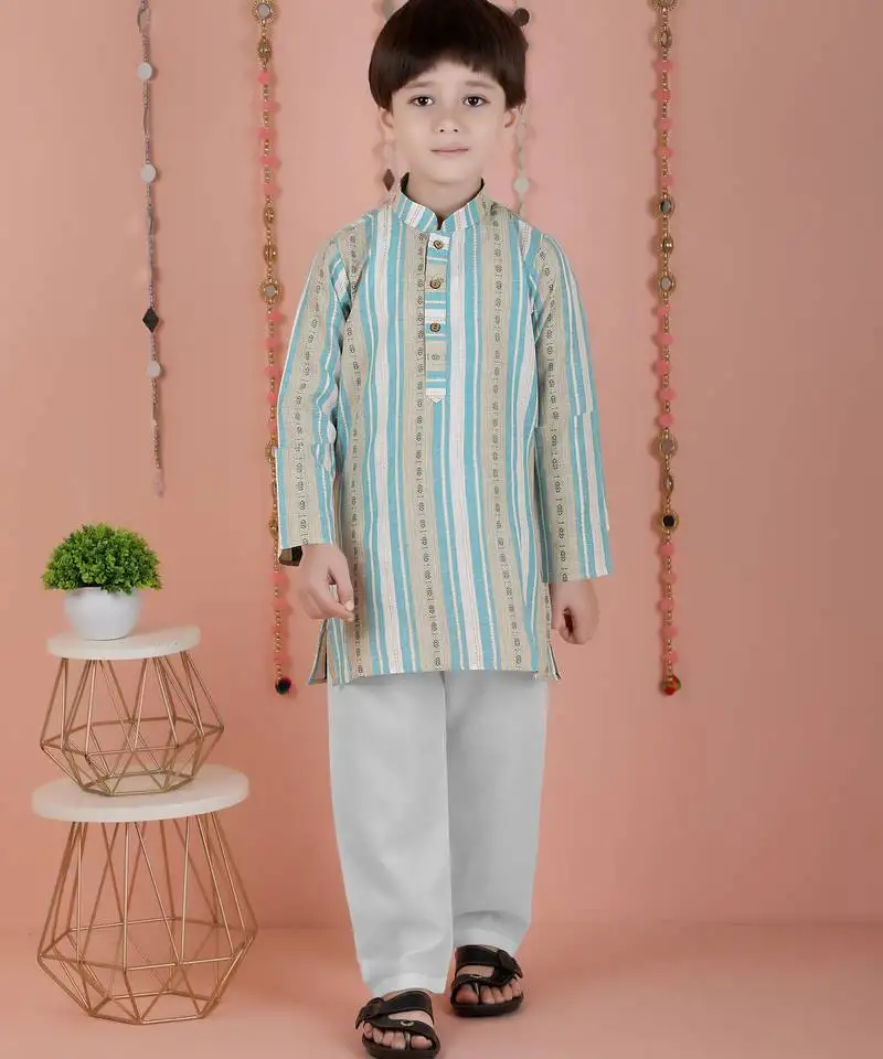 Cotton full sleeves stripe kurta and pyjama- blue