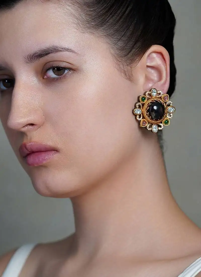 Gold plated kundan multicolor stud earrings