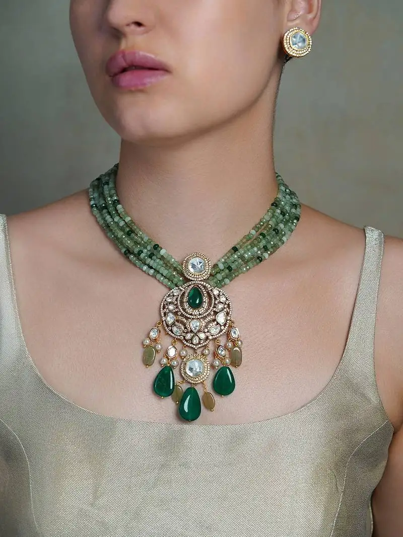 Gold plated kundan green stone necklace