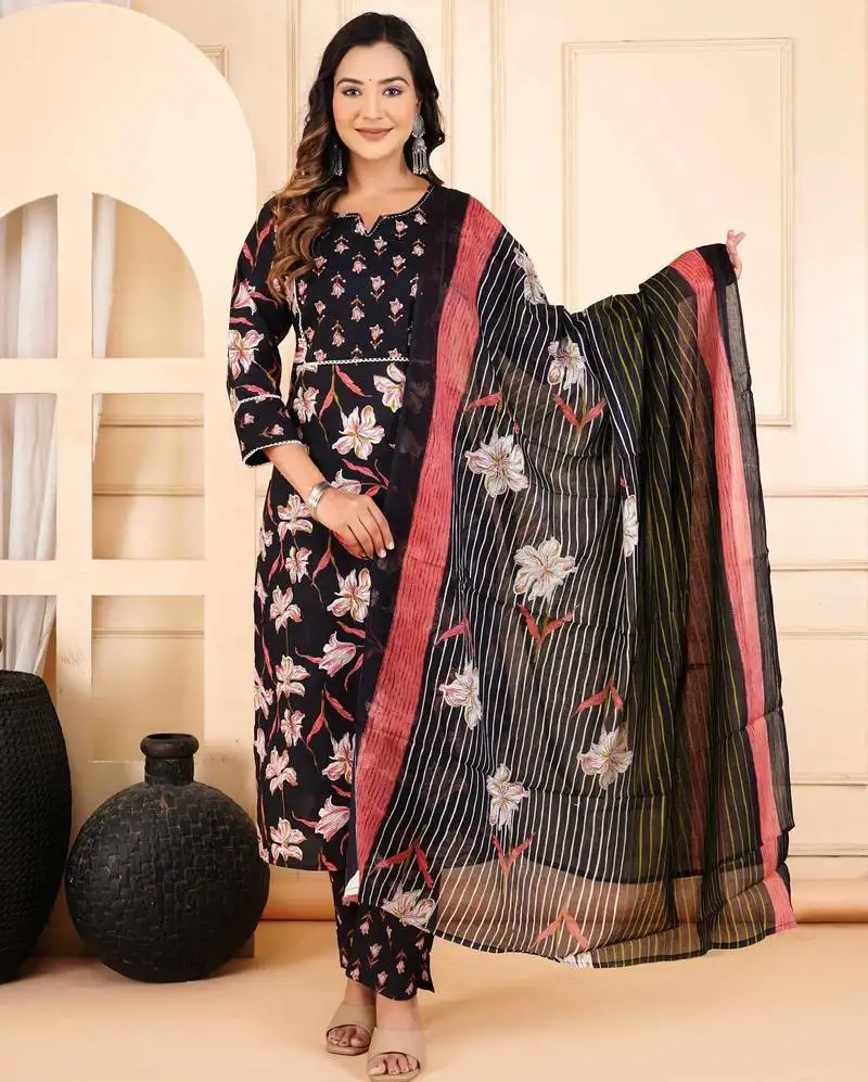 Black cotton printed & hand work straight kurta bottom & dupatta set