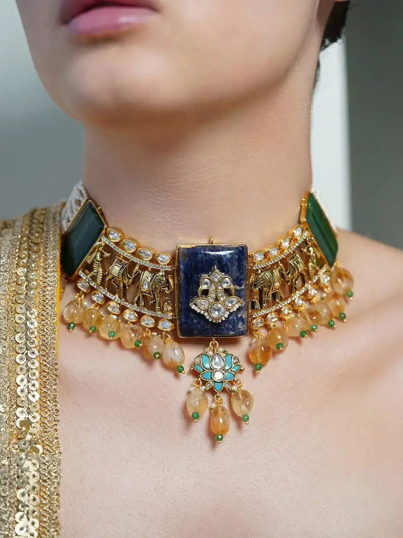Gold plated kundan multicolor necklace