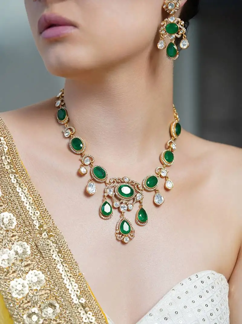 Gold plated kundan green stone necklace set