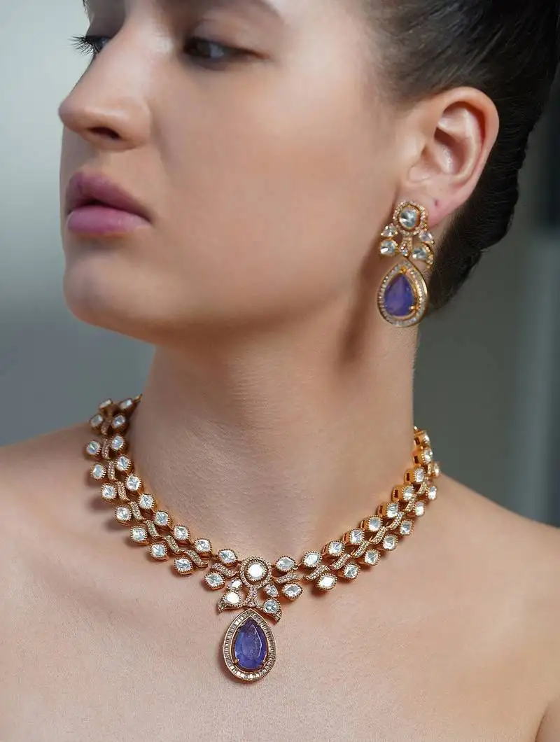 Gold plated kundan purple stone necklace set