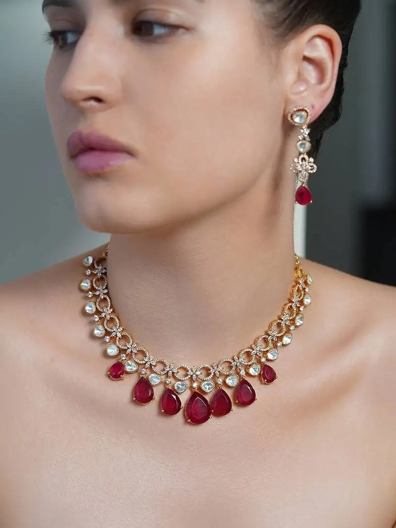 Gold plated kundan red stone necklace set