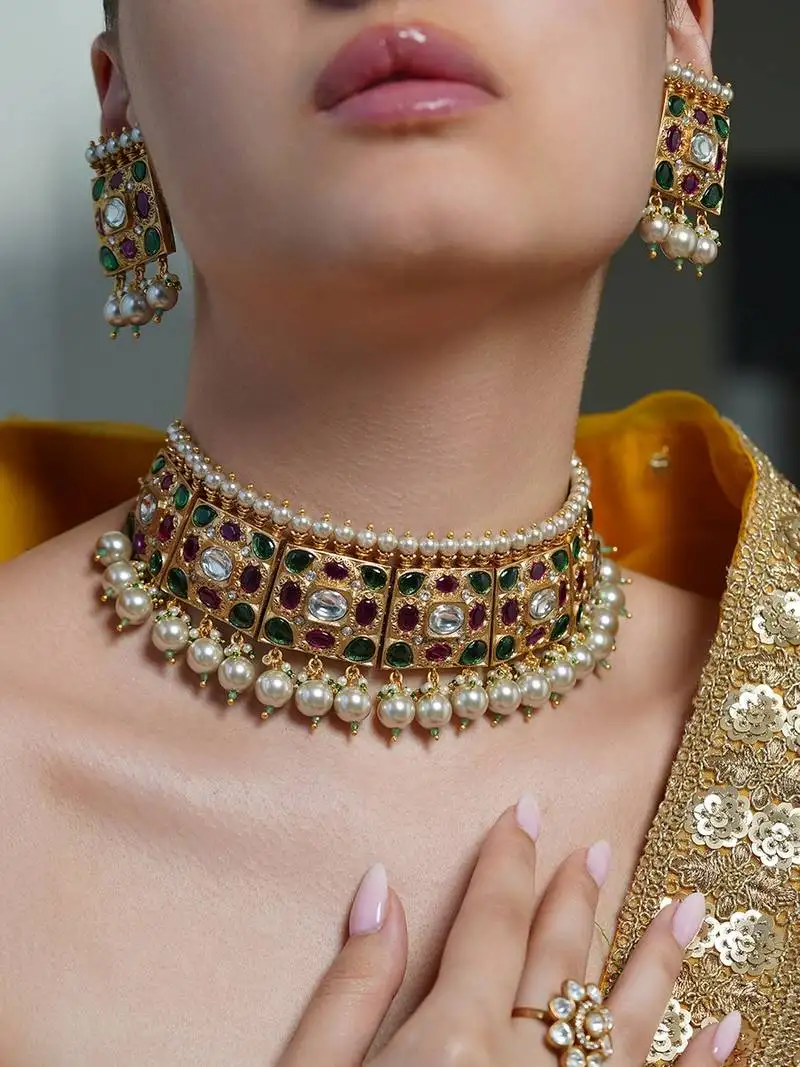 Gold plated kundan multicolor necklace set