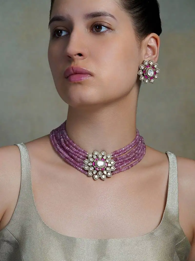 Gold plated kundan pink stone necklace set